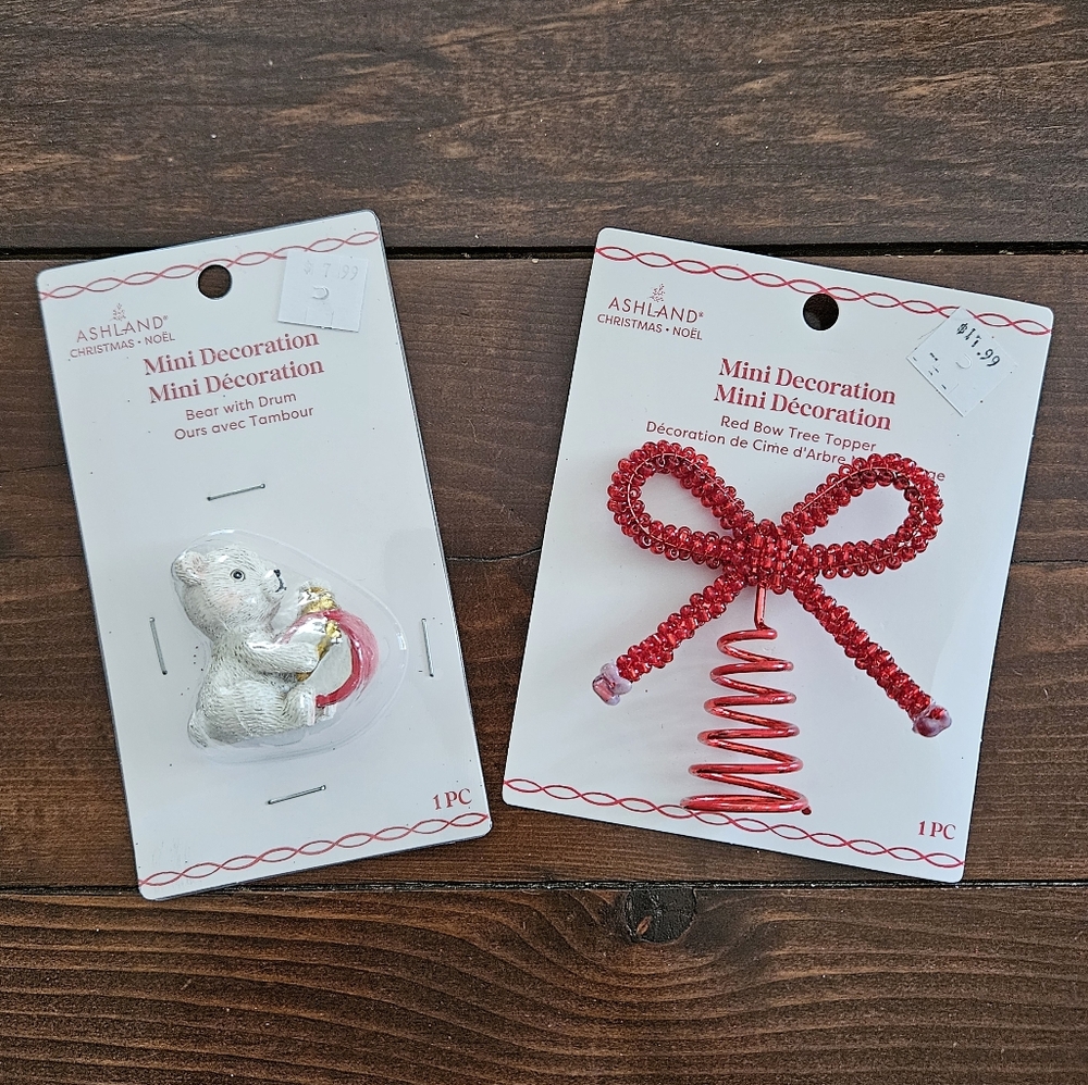 Ashland Christmas Bear with Drum & Red Bow Tree Topper Mini Decorations‎ Set NEW